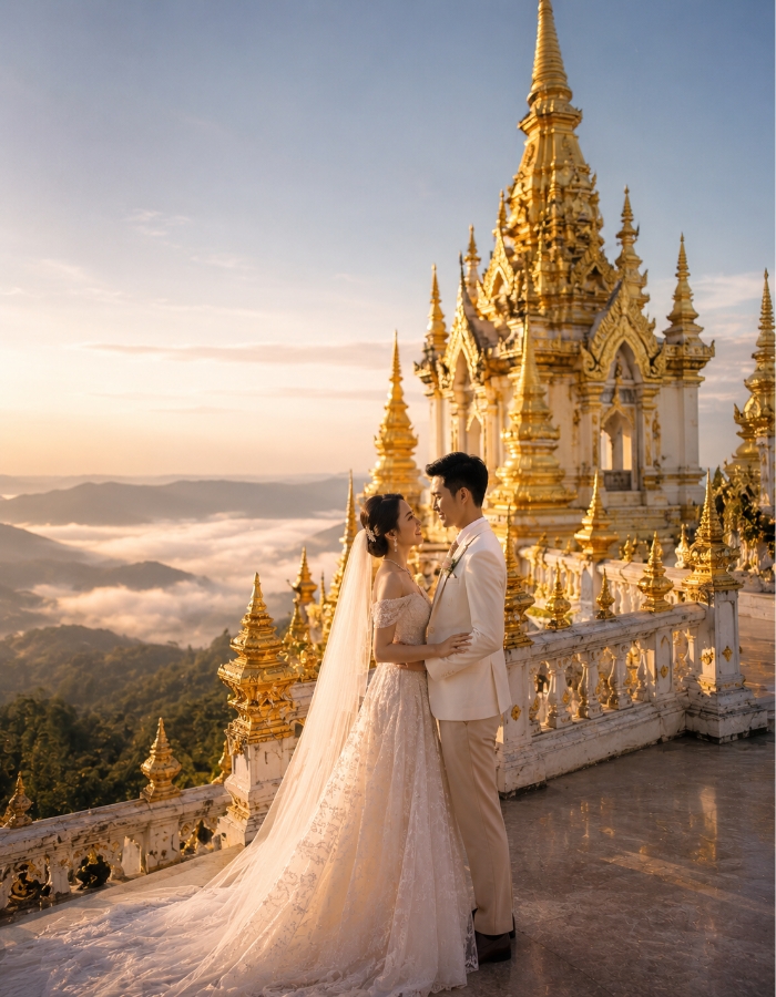 Golden temple wedding with bride and groom in mountain mist