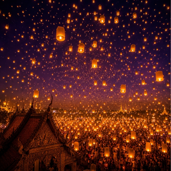 Sky lanterns festival at night, temple roof in foreground