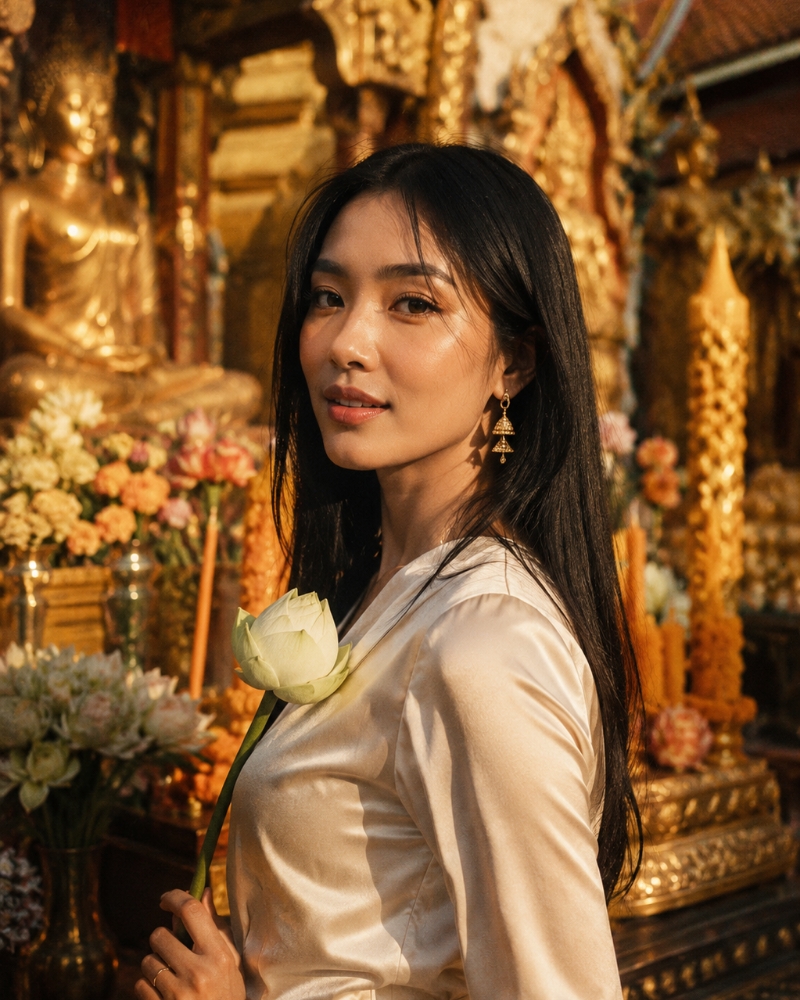 Woman holding a white lotus flower