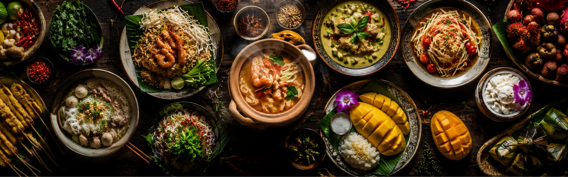 Overhead flat-lay of Thai food: pad thai, green curry, papaya salad, tom yum